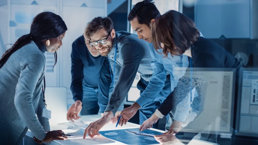 Equipo profesional evaluando estrategia tecnológica en oficina