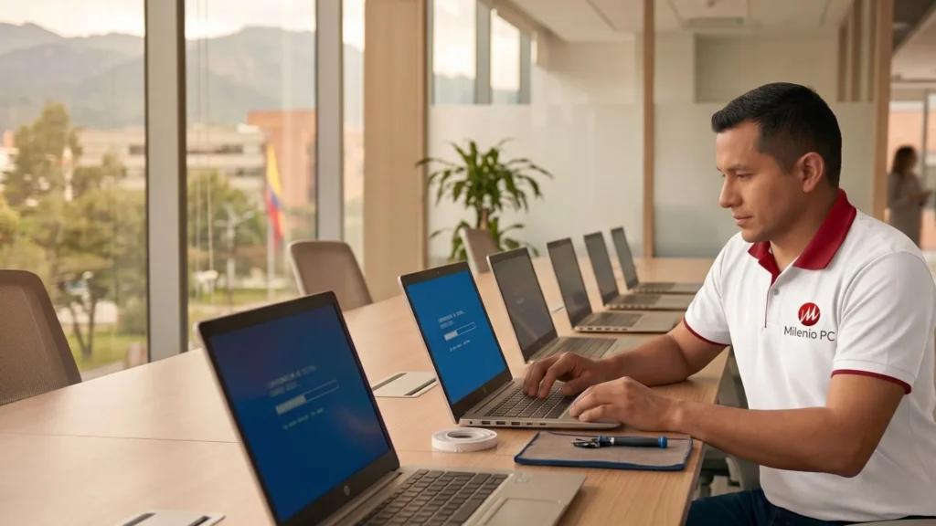 Técnico de Milenio PC configurando fila de laptops en oficina corporativa para servicio DaaS